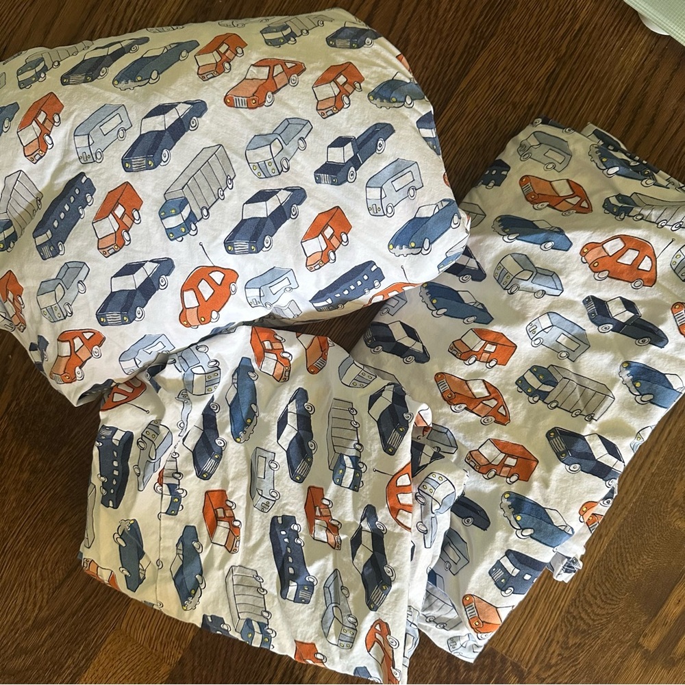 Pottery Barn Kids Blue and Orange Vehicle  Car Truck Bedding twin Sheets 3 piece
